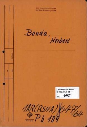 Personenheft Herbert Bonda (*23.11.1895, +15.01.1962), SS-Obersturmführer