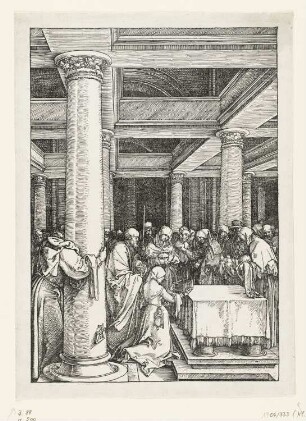 Darstellung im Tempel, Blatt 13 aus: Albrecht Dürer, "Epitome in Divae Parthenices Mariae Historiam ab Alberto Durero Norico per figuras digestam cum versibus annexis Chelidonii", Nürnberg 1511, [ohne Kustode]