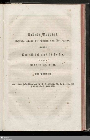 Zehnte Predigt. Achtung gegen die Seelen der Geringeren