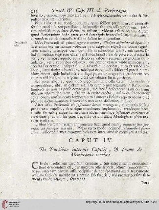Caput IV: De Partibus internis Capitis; et primo de Membranis cerebri