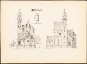 Romanische Kapelle: Grundriss, Ansicht, Seitenansicht (aus: Drucke von Seminararbeiten der Königlich Technischen Hochschule Berlin, Bd. I)