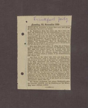 Zeitungsausschnitt aus der Frankfurter Zeitung über die Ereignisse am 09.11.1918