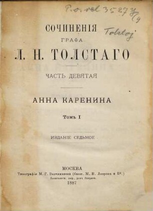 Sočinenija grafa L. N. Tolstogo, 9. Anna Karenina ; T. 1