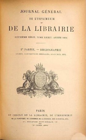 Bibliographie de la France. Partie 1, Bibliographie officielle. Livres. 1890 = Sér. 2, T. 34, Pt. 1