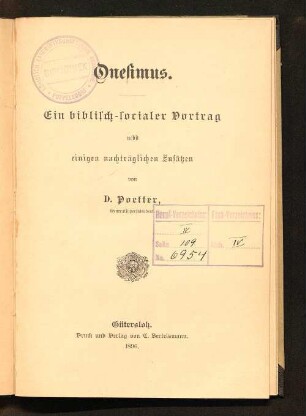 Onesimus : ein biblisch-socialer Vortrag nebst einigen nachträglichen Zusätzen