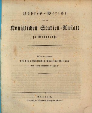 Jahresbericht : bekannt gemacht bei der öffentlichen Preiseaustheilung, 1822