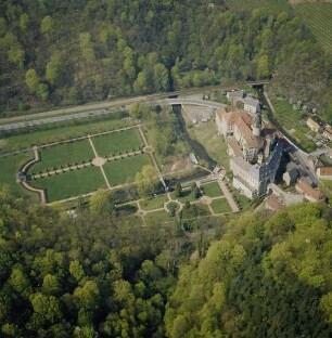 Weesenstein. Blick über Müglitztal mit Schloß (Gründung um 1200, Ausbau A. 15. Jh.) und Park (um 1780). Luftbild-Schrägaufnahme von Südsüdosten