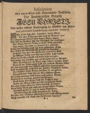 Inscription Uber eine in Stein halb ausgearbeitete Vorstellung Der Freuden-reichen Geburth Jesu Christi, ...