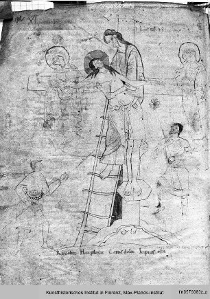 Sammelhandschrift mit Hrabanus Maurus, De laudibus sanctae crucis : Buchseite mit ganzseitiger Miniatur: Kreuzabnahme
