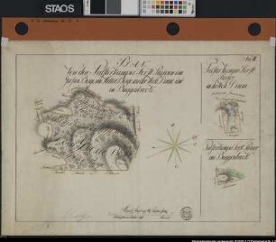 "Plan von den Palsterkamper Forstrevieren im Großen Berge, im Hilter Berge, an der Weh-Denne und im Rüggenbrock" Drei Teilzeichnungen. An den Grenzen Besitzernamen ("Nr. II") Ausf.-Art: Farbige Zeichnung Herst.: Rausch Format: 45 x 66 cm Maßstab: 1 : 3000