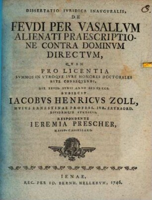 Diss. iur. inaug. de feudi per vasallum alienati praescriptione contra dominum directum