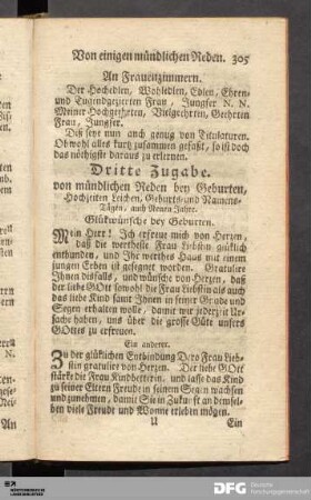 Dritte Zugabe. von mündlichen Reden bey Geburten, Hochzeiten Leichen, Geburts- und Namens-Tägen, auch Neuen Jahre.