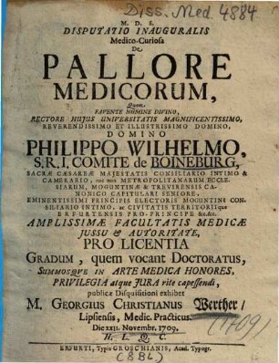 Disputatio Inauguralis Medico-Curiosa De Pallore Medicorum