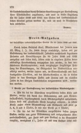 Preis-Aufgaben des kurhessischen landwirthschaftlichen Vereins für die Jahre 1840 und 1841.