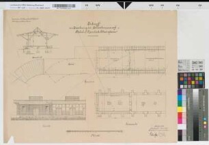 Entwurf zur Erweiterung des Güterschuppens auf Bahnhof Remscheid-Bliedinghausen: Grundrisse, Ansicht, Schnitt, M. 1:100