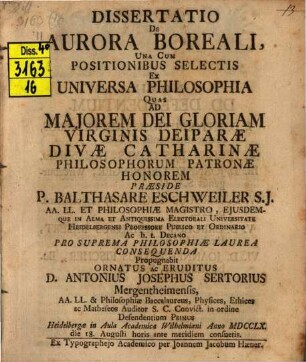 Diss. de aurora boreali : una cum positionibus selectis ex universa philosophia