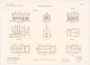 Bekleidungsamt des VII. Armeekorps, Münster: Latrine I: Grundriss Keller, Erdgeschoss, Aufriss Vorderansicht, Seitenansicht, Längsschnitt, Querschnitt 1:100. Latrine II: Grundriss Keller, Erdgeschoss, Aufriss Vorderansicht 1:100