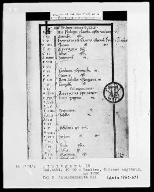Psalterium — Kalenderseite Mai mit Tierkreiszeichen Zwillinge, Folio 3recto