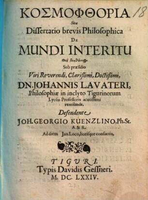 Kosmophthoria sive brevis dissertatio philosophica de mundi interitu