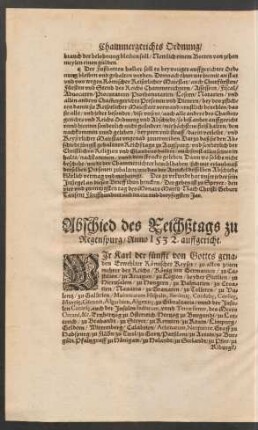 Abschied des Reichßtags zu Regenspurg/ Anno 1532. auffgericht.