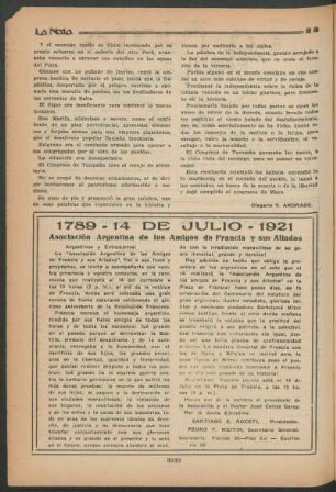 1789 = 14 de julio = 1921 : Asociación Argentina de los Amigos de Francia y sus aliados
