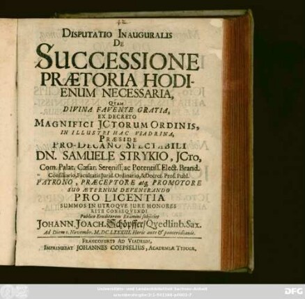 Disputatio Inauguralis De Successione Praetoria Hodienum Necessaria