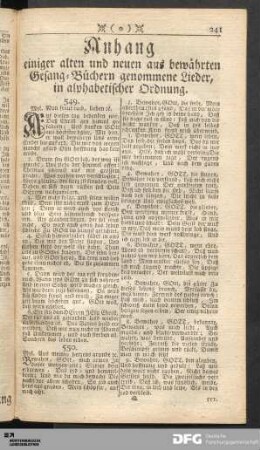 Anhang einiger alten und neuen aus bewährten Gesang-Büchern genommene Lieder, in alphabetischer Ordnung.
