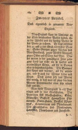 Zweyter Artikel. Das eigentlich so genannte Neuengland