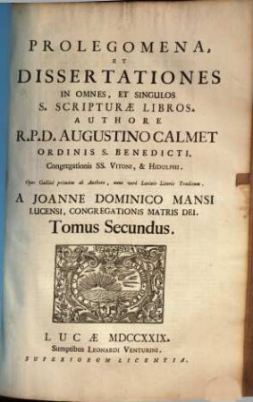 Prolegomena, Et Dissertationes In Omnes, Et Singulos S. Scripturae Libros, 2