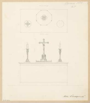 Altar mit Kruzifix Monatskonkurrenz Januar 1860: Grundriss, Aufriss Vorderansicht; Maßangaben