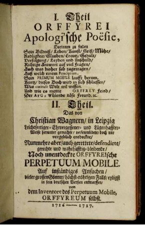 T.1: I. Theil Orffyrei Apologi'sche Poësie.
