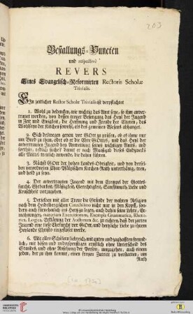 Bestallungs-Puncten und respectivè Revers Eines Evangelisch-Reformirten Rectoris Scholae Trivialis