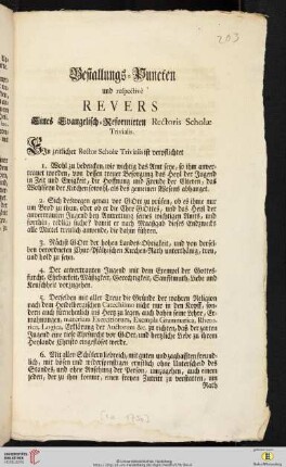 Bestallungs-Puncten und respectivè Revers Eines Evangelisch-Reformirten Rectoris Scholae Trivialis