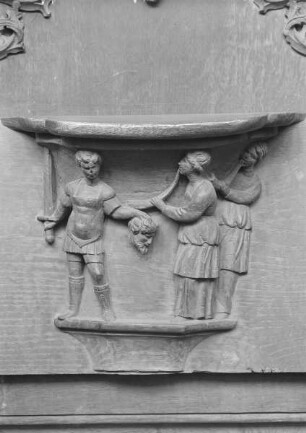 Henker mit dem Haupt des Johannes und zwei Flötenspieler