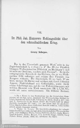 VII. Dr. Phil. Jak. Hamerers Heldengedicht über den schmalkaldischen Krieg