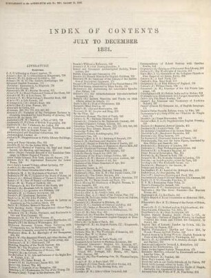INDEX OF CONTENTS JULY TO DECEMBER 1881.