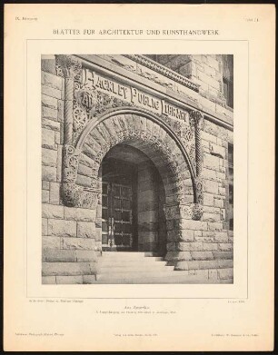 Hackley-Bibliothek, Muskego/Wisconsin: Ansicht Haupteingang (aus: Blätter für Architektur und Kunsthandwerk, 9. Jg., 1896, Tafel 51)