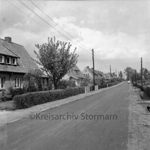 Neue Straße: Siedlungshäuser, mit Vorgärten, Gartenhecken: an beiden Straßenseiten Strommasten: an linker Straßenseite unbefestigter Fußgängerweg, an rechter Straßenseite offener Abwassergraben: im Hintergrund Pkw