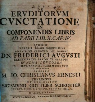 De Ervditorvm Cvnctatione In Componendis Libris Ad Fabii Lib. X. Cap. IV.. Dissertatio Prior