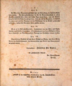 Auszug aus dem Register der Beschlüsse des Herrn Prefekten des Departements vom Donnersberg