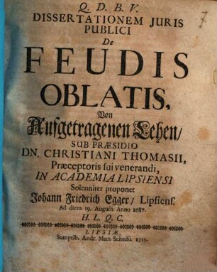 Dissertationem Juris Publici De Feudis Oblatis, Von Aufgetragenen Lehen