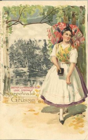 Ansichtskarte aus dem Spreewald : Landschaft - Spreewald. Ort: Lědy / Lehde. Gasthof "Zum fröhlichen Hecht". Colorierte Postkarte (Verlag A. Richter)