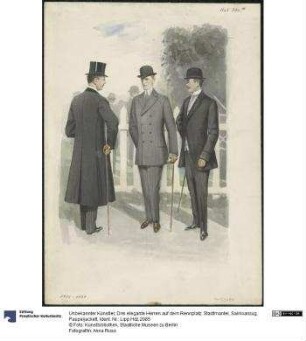 Drei elegante Herren auf dem Rennplatz: Stadtmantel, Sakkoanzug, Paspeljackett