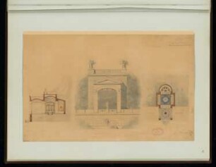 Überbauung einer Heilquelle Monatskonkurrenz April 1856: Aufriss Vorderansicht, Längsschnitt, Grundriss Deckenuntersicht; 2 Maßstabsleisten