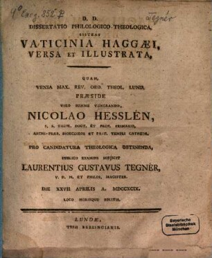 Dissertatio philologico-theologica, sistens Vaticinia Haggaei, versa et illustrata