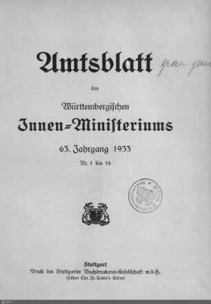 63.1933: Innenministerium, Amtsblatt 1933