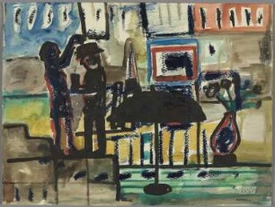 Ohne Titel [Paar auf Terrasse mit Schirm]