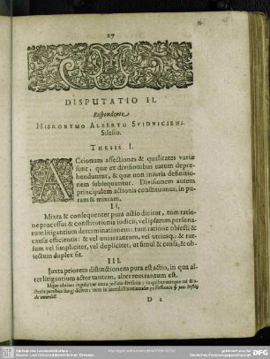 Disputatio II. Respondente Hisbronymo Alberto Svidniciens. Silesio