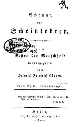 T.1: Achtung den Scheintodten. Erster Theil