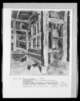 Inneres der großen Flachsstampfe (auch große "Brake" genannt, vom Bauern Maier; Kniendorf, Kreis Minden-Lübbecke)